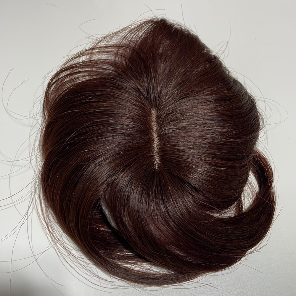 NWT 10” 100% human hair dark brown topper with chestnut lights wave short center
